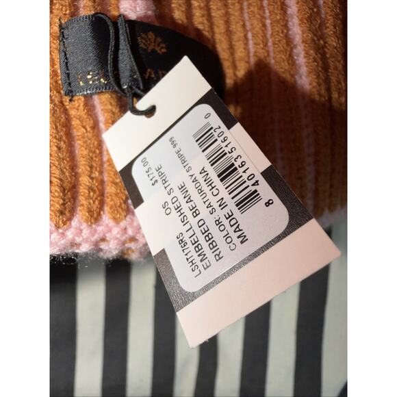 Lele Sadoughi Embellished Stripe Ribbed Beanie SATURDAY STRIPE Hat Pearls Pink main image 4
